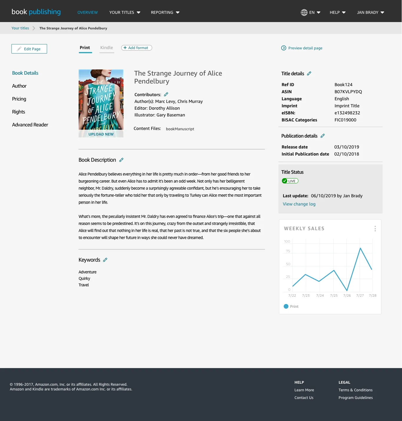 Unified title detail concept: one page per book with print, Kindle, and other formats as tabs, alongside title details, status, and sales