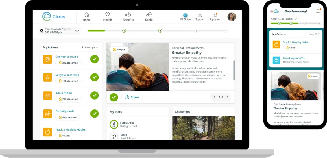The Homebase for Health front-door experience across desktop and mobile, with daily actions, rewards, and personalized content